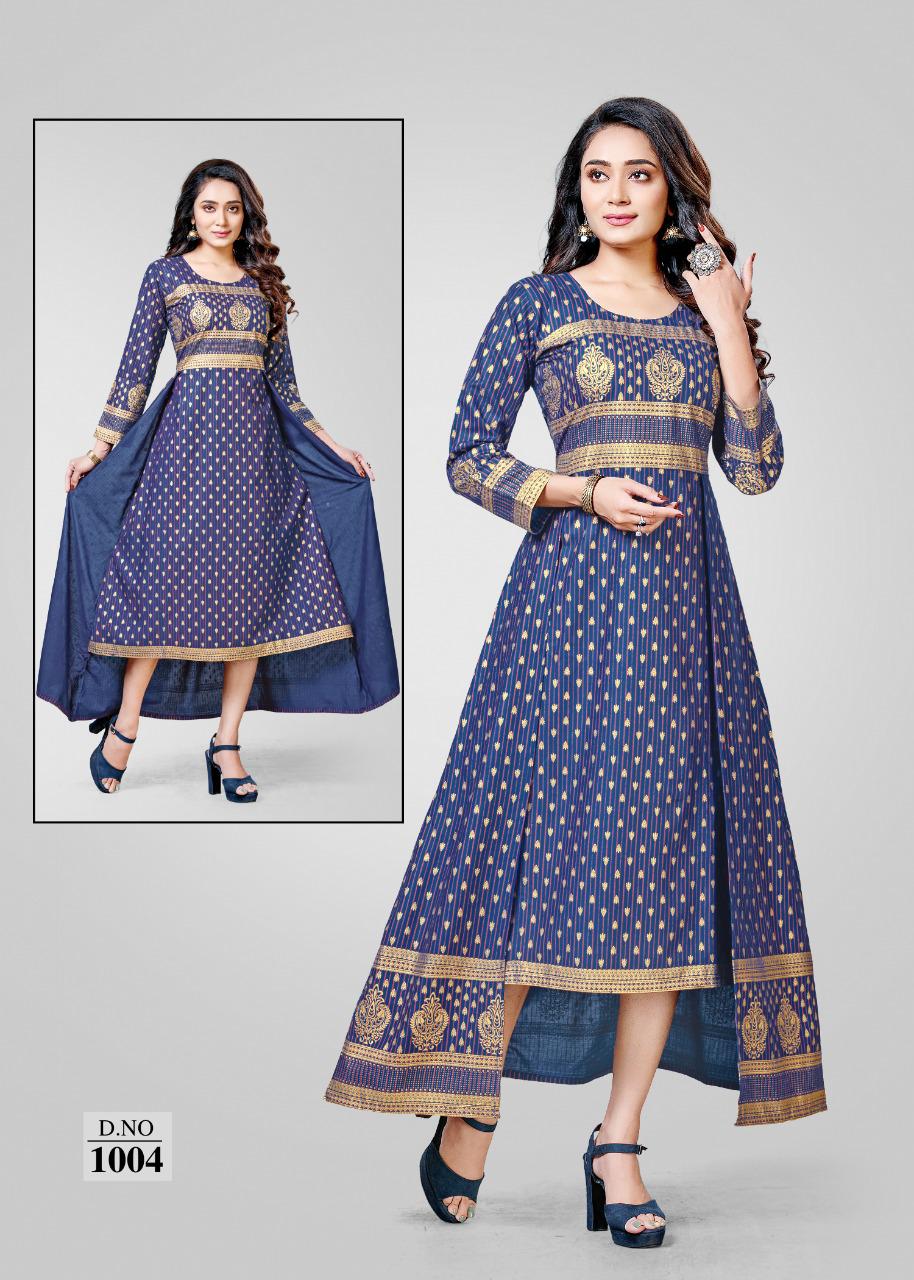 Ft Rayon  Latest Fancy Designer Gold Print Double Cut Kurti Collection